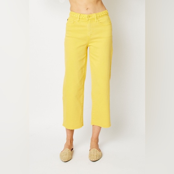 Judy Blue - High Waist Yellow Braided Waistband Wide Leg Crop Denim Jeans - 5/27 - Picture 1 of 9